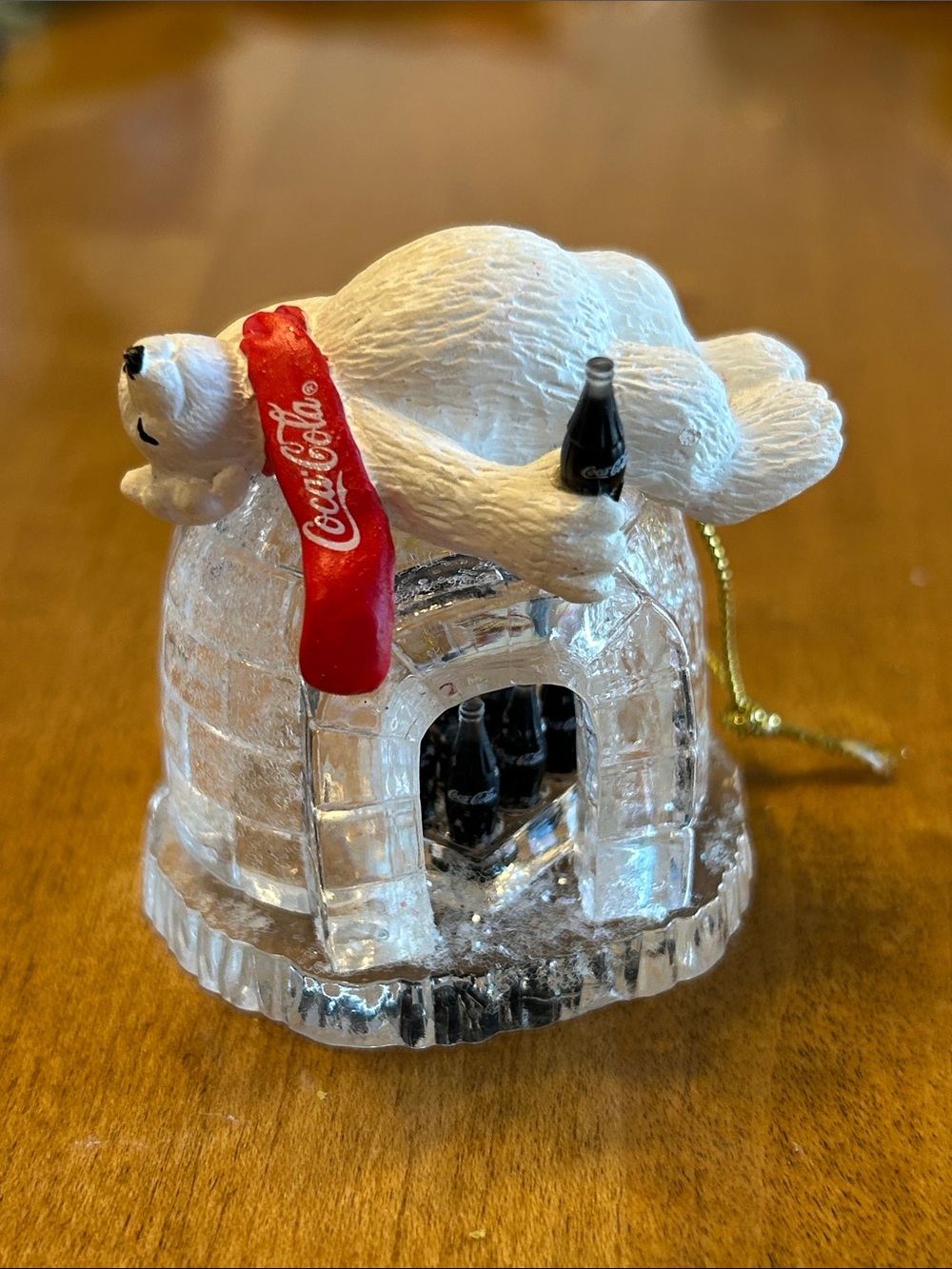 Coca Cola White Polar Bear Ornament with Red Scarf and Mini Bottles